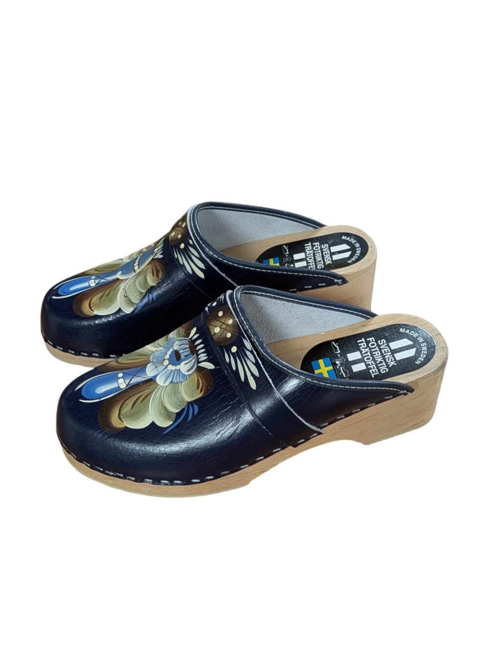 Swedish Wooden Clogs Navy Floral Hand-Painted Leather Size 37 - Picture 12 of 12